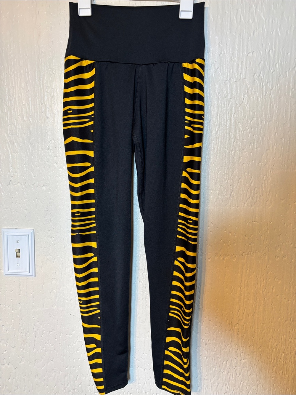 Black Leggings with Yellow Zebra Side Panels Women Size S/M